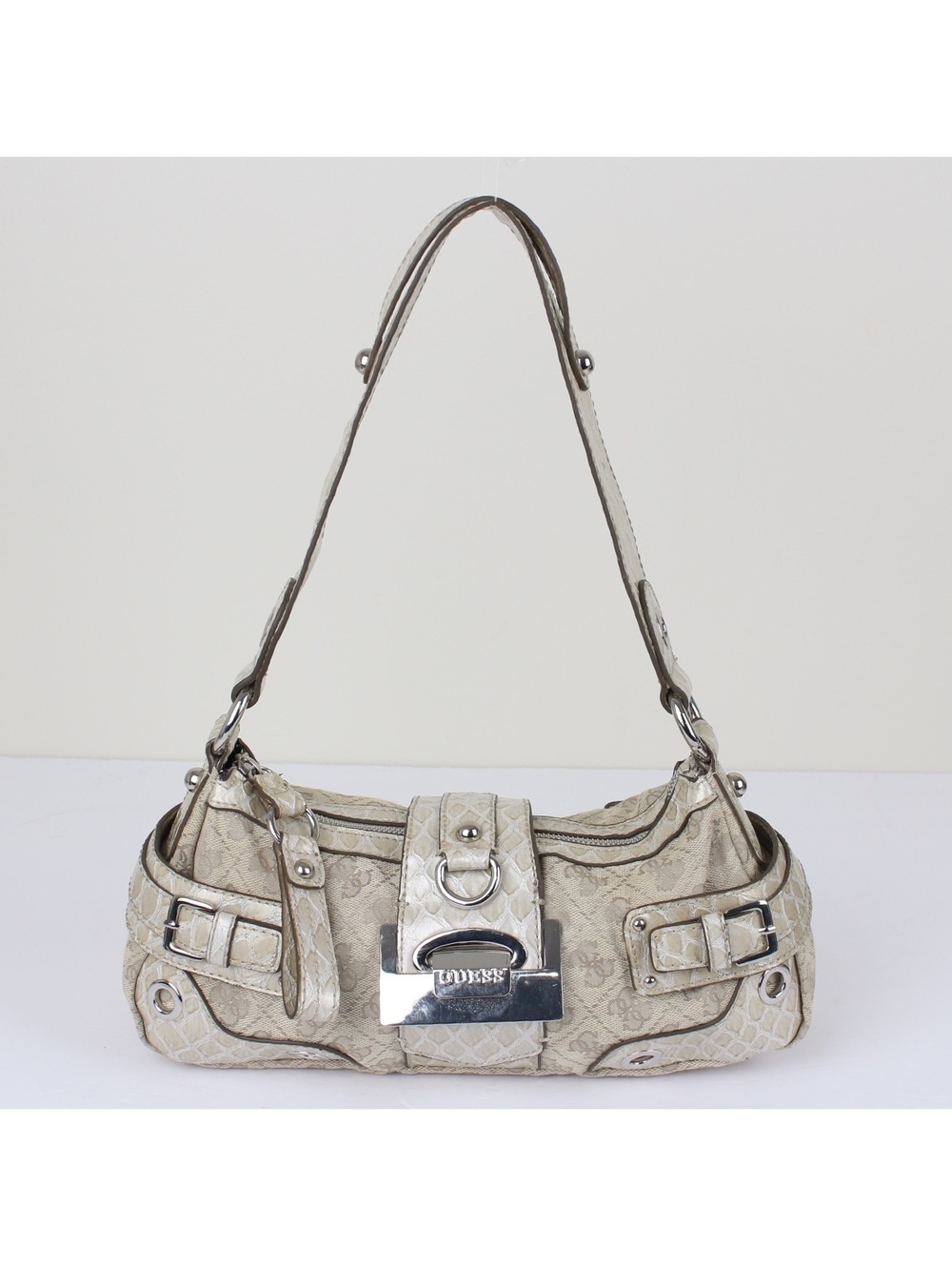 Guess Vintage Monogram Shoulder Bag Beige Canvas Faux Snakeskin Buckles Y2K Bag